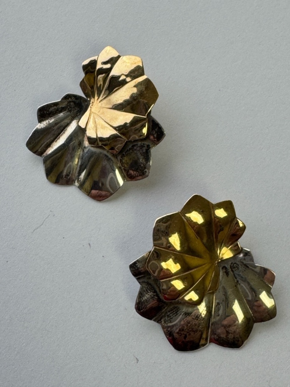 Gold-Tone Sculpted Floral Clip Earrings - Shiny Metallic